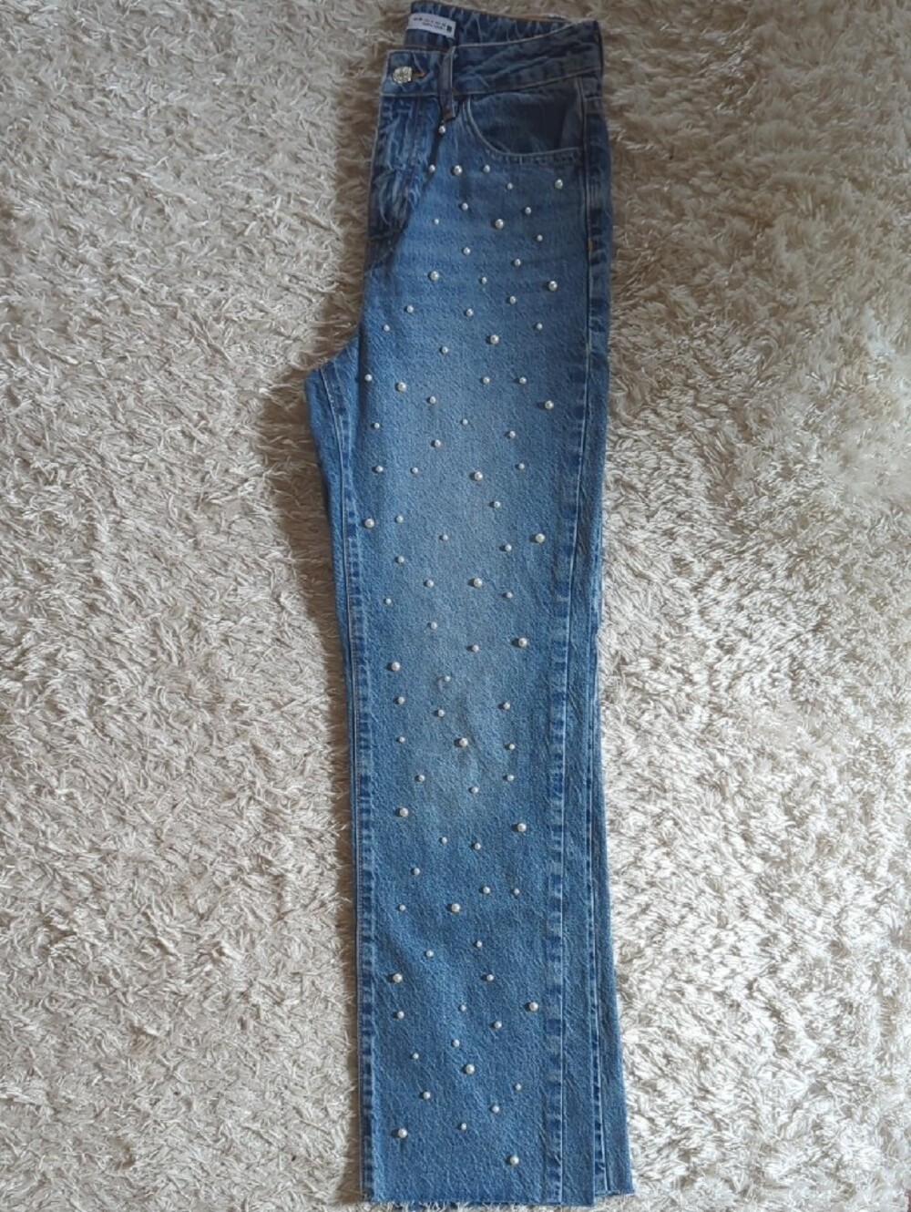 Zara High Waist Blue Pearl-Studded Straight Leg Jeans - Picture 9 of 9